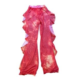 Tie Dye Mesh Ruffle Pants Women Red Orange Boho Festival SIZE L